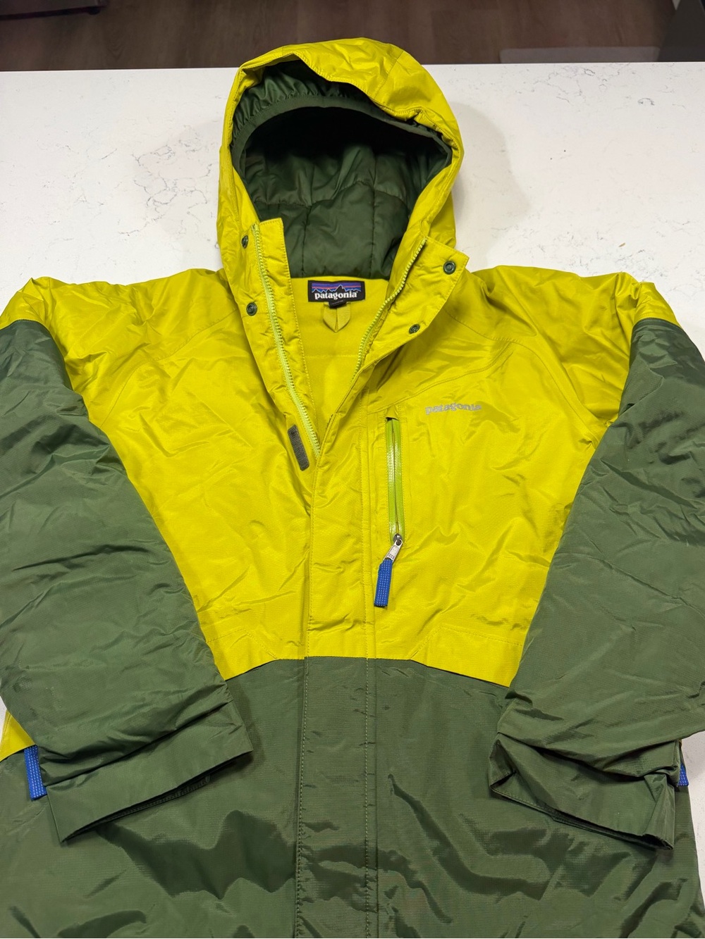 Patagonia Kids Yellow Green Colorblock Hooded Insulated Jacket size 12